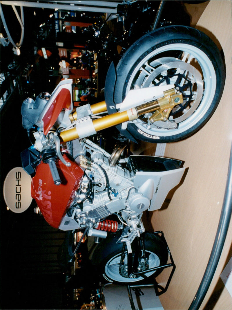 A prototype motorcycle designed by Target-Sachs Beast 1000 is displayed at the Birmingham International Motorcycle and Scooter Show. - Vintage Photograph