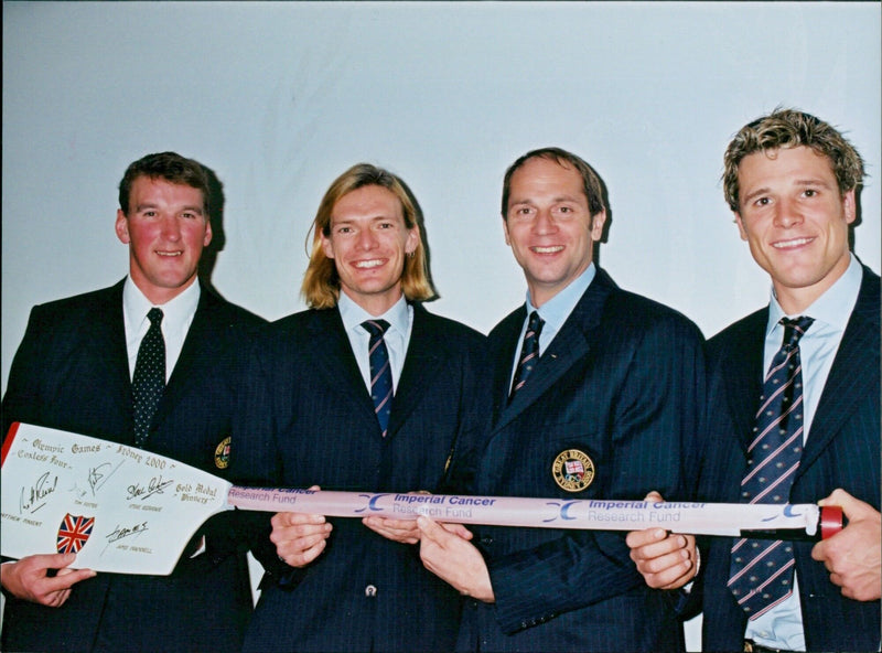 Olympic Coxless Four Steve Redgrave, Matthew Pinsent, Tim Foster and James Cracknell sign up for on-line charity auction. - Vintage Photograph