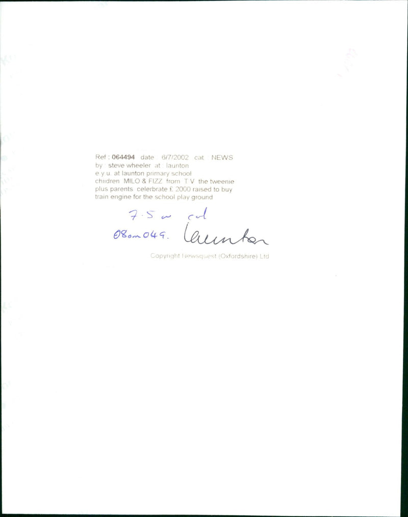 Milo and Fizz from the TV show The Tweenies celebrate with parents and other Launton Primary School students after raising £2,000 for a train engine for the school playground. - Vintage Photograph