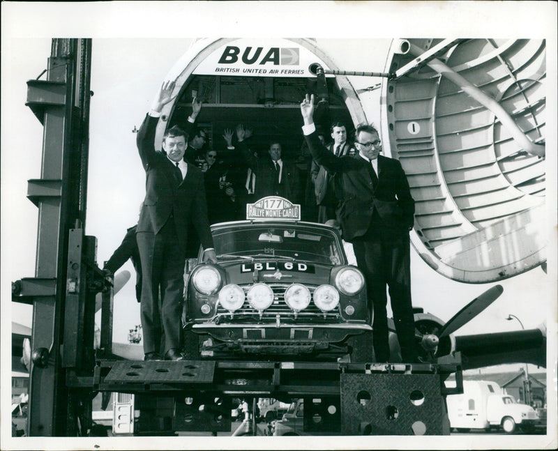 Rauno Aaltonen and Henry Liddon return to London Airport after winning the 1967 Monte Carlo Rally. - Vintage Photograph