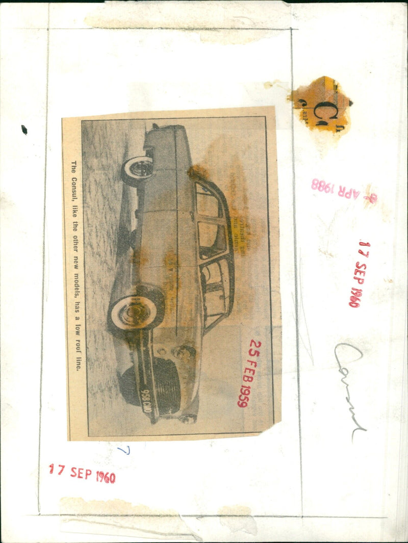 The Consul, a new model of car, is displayed at the Carand showroom. - Vintage Photograph