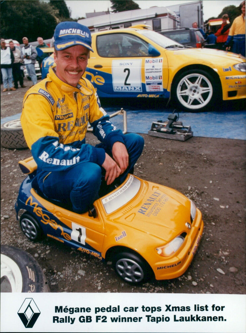 Rally driver Tapio Laukkanen tests the Renault Megane R.S. at a MICHELIN event in Manx. - Vintage Photograph