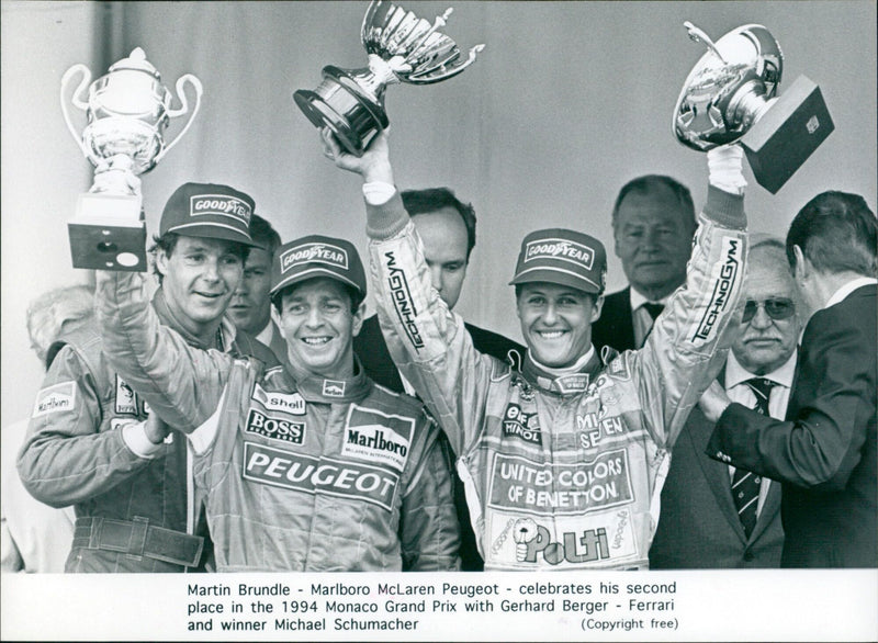Marlboro McLaren Peugeot's Martin Brundle celebrates second place in the 1994 Monaco Grand Prix. - Vintage Photograph