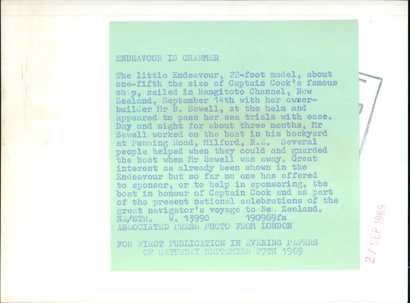 Mr. B. Sewell sails his 22-foot model of the Endeavour in the Rangitoto Channel, New Zealand. - Vintage Photograph