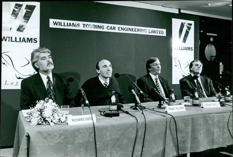 Williams announce touring car team with (L to R) Richard West, Frank Williams, Michel Gigou of Renault, and Patrick Head. - Vintage Photograph