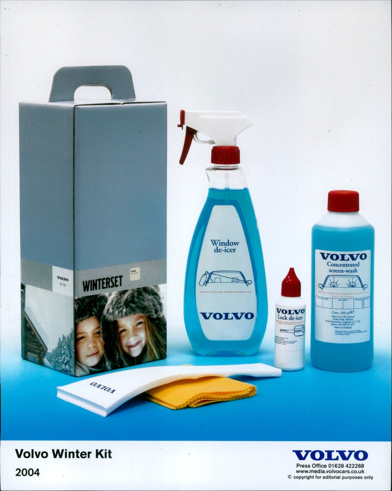 Volvo Car UK Limited promoting their Winter Kit 2004 with window de-icer, lock de-icer, and concentrated screen-wash. - Vintage Photograph