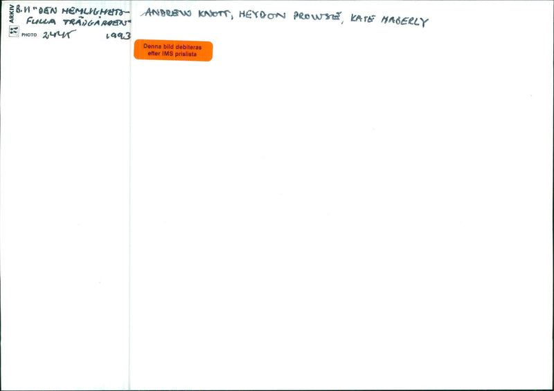 Three actors Andrew Knott, Heydon Prowse and Kate Haberly stand in a garden on the set of the 1993 British film, "The Secret Garden". - Vintage Photograph