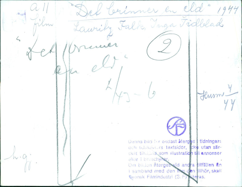 A group of nine people gather around a bonfire during the premiere of the Swedish film "Del brinner en eld" in 1944. - Vintage Photograph