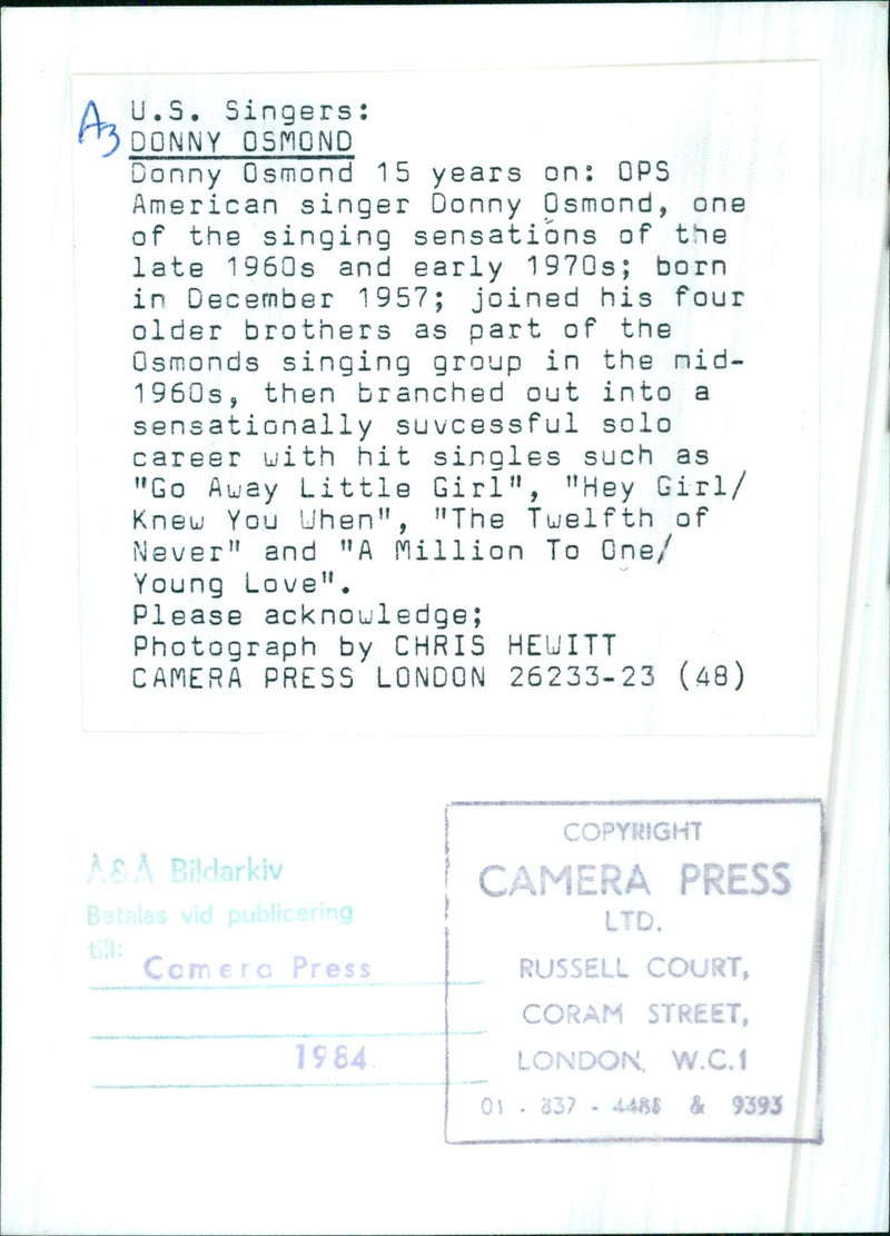 Donny Osmond, one of the singing sensations of the 1960s and 70s, celebrates 15 years in the music industry. - Vintage Photograph