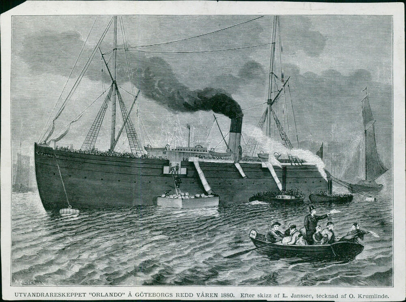 As thousands of Swedish emigrants boarded the "Orlando" ship in Gothenburg in the spring of 1880, a sketch of the scene by L. Janssen and O. Krumlinde captures the moment of departure. - Vintage Photograph