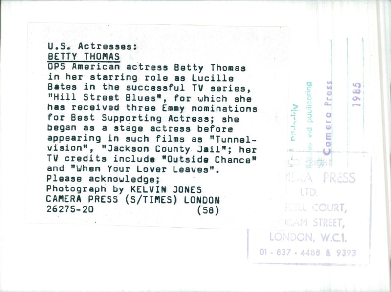 Emmy-nominated actress Betty Thomas appears in her iconic role as Lucille Bates in the hit series "Hill Street Blues". - Vintage Photograph