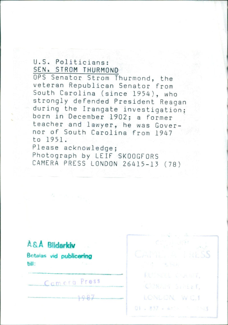 Senator Strom Thurmond, the veteran Republican Senator from South Carolina, defends President Reagan during the Irangate investigation in 1987. - Vintage Photograph