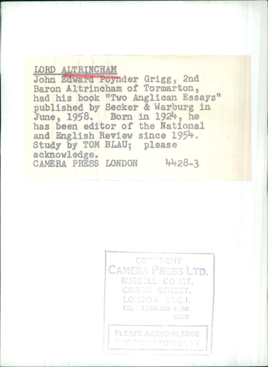 John Edward Poynder Grigg, 2nd Baron Altrincham of Tormarton, with his