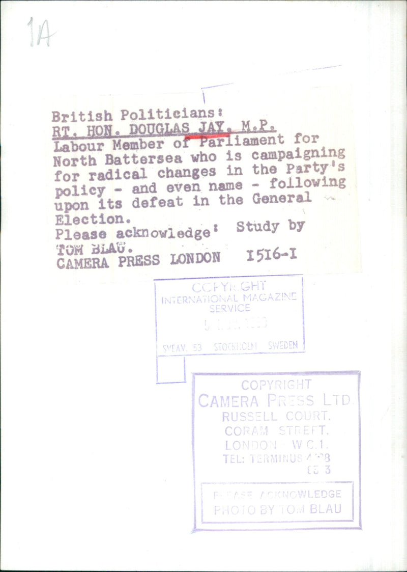 British politician RT. HON. Douglas Jay, M.P. campaigns for radical change in the Labour Party following its defeat in the General Election. Photo by Tom Blau. - Vintage Photograph