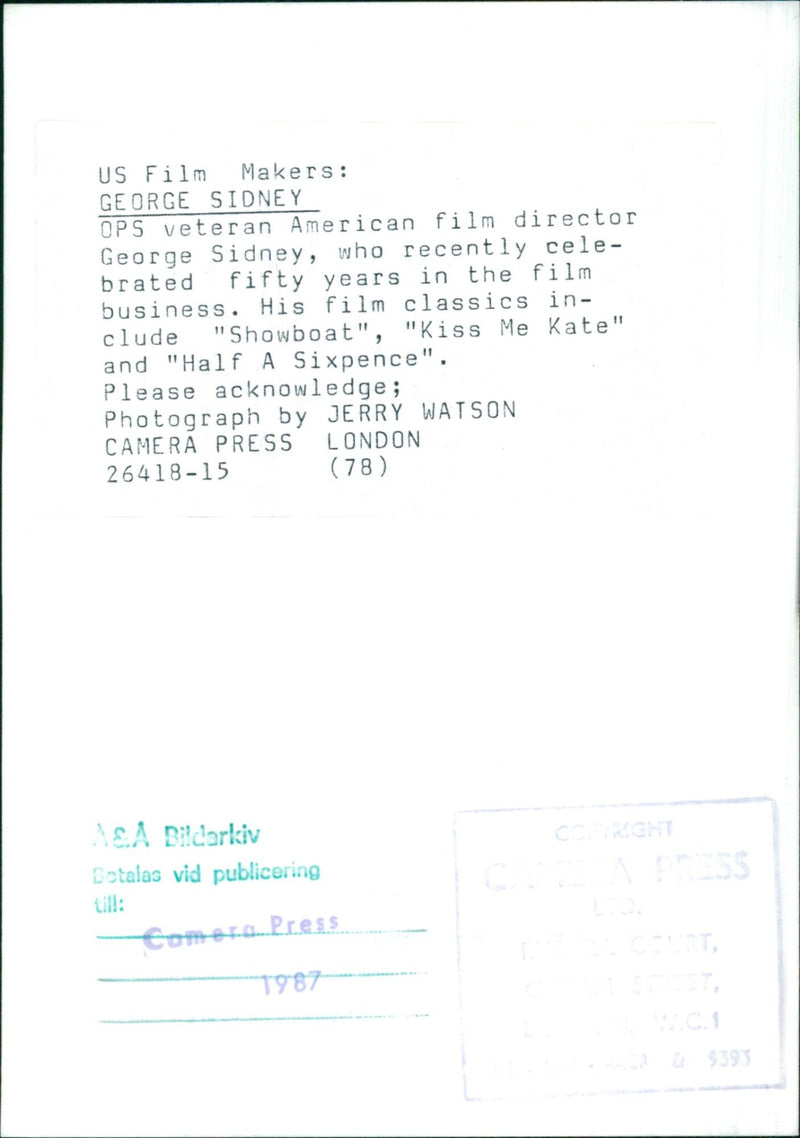 Veteran American film director George Sidney marks fifty years in the film business with a celebration of his classic films "Showboat", "Kiss Me Kate" and "Half A Sixpence". - Vintage Photograph