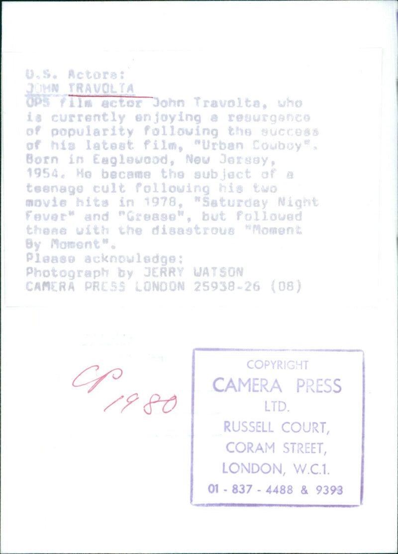 Actor John Travolta poses for the camera following his resurgence of popularity due to his latest film, "Urban Couboy". - Vintage Photograph