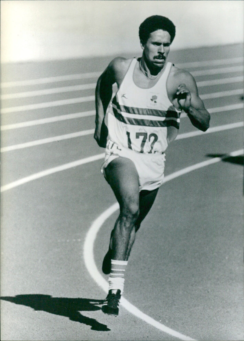 British Olympic hopeful Daley Thompson competes in the Decathlon in preparation for the 1980 Olympic Games in Moscow. - Vintage Photograph