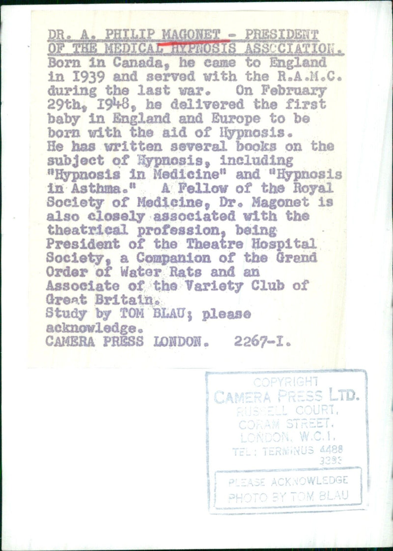 Dr. A. Philip Magonet, President of the Medical Hypnosis Association, delivering the first baby in England and Europe to be born with the aid of Hypnosis on February 29th, 1948. Photo by Tom Blau/Camera Press London. - Vintage Photograph