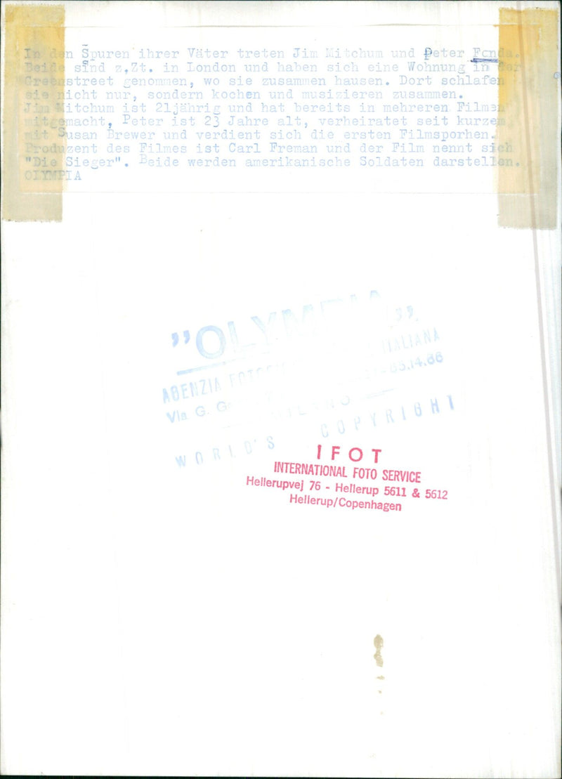 Actors Jim Mitchum and Peter Fonda are living together in London while they prepare to star in the upcoming film "Die Sieger". - Vintage Photograph