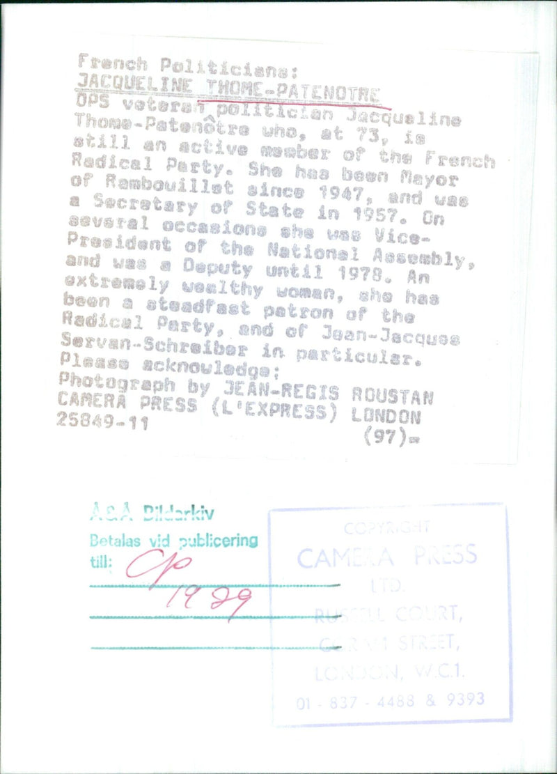 French politician Jacqueline Thome-Patenotre, 73, is a veteran member of the Radical Party and the current mayor of Rambouillet. She has served as Secretary of State, Vice-President of the National Assembly, and a Deputy until 1978. - Vintage Photograph