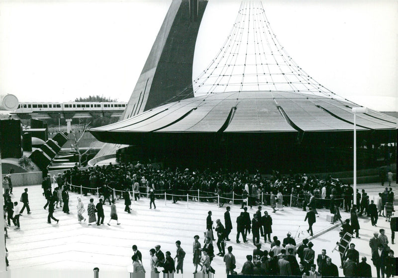 Visitors enter the Australian Pavilion at the 1970 World Expo in Tokyo, Japan. - Vintage Photograph