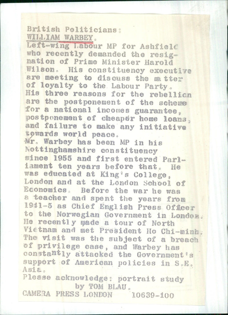 British left-wing Labour MP William Warbey, from Ashfield, speaks to his constituency executive regarding his demands for Prime Minister Harold Wilson's resignation. - Vintage Photograph