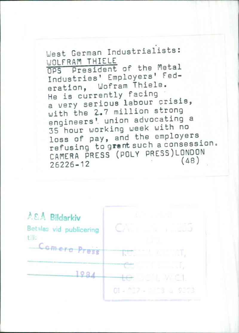 Wolfram Thiele, President of the Metal Industries' Employers' Federation in West Germany, faces a tough labour crisis as the engineers' union calls for a 35 hour working week with no loss of pay. - Vintage Photograph