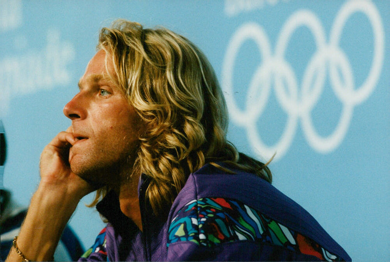 Olympic silver medalist Patrick Sjöberg of Sweden competes in the high jump at the 1992 Barcelona Olympics on August 2, 1992. - Vintage Photograph