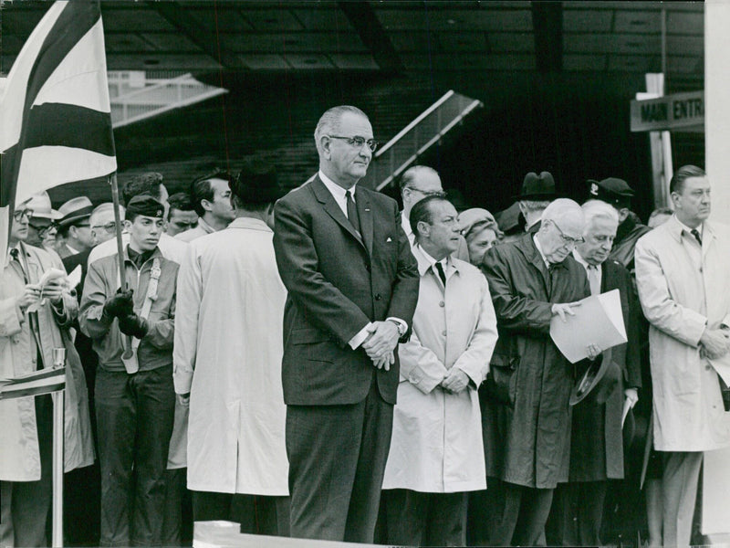 US President Lyndon Johnson and his wife Lady Bird Johnson attend the 1964 World's Fair in Stockholm, Sweden. - Vintage Photograph