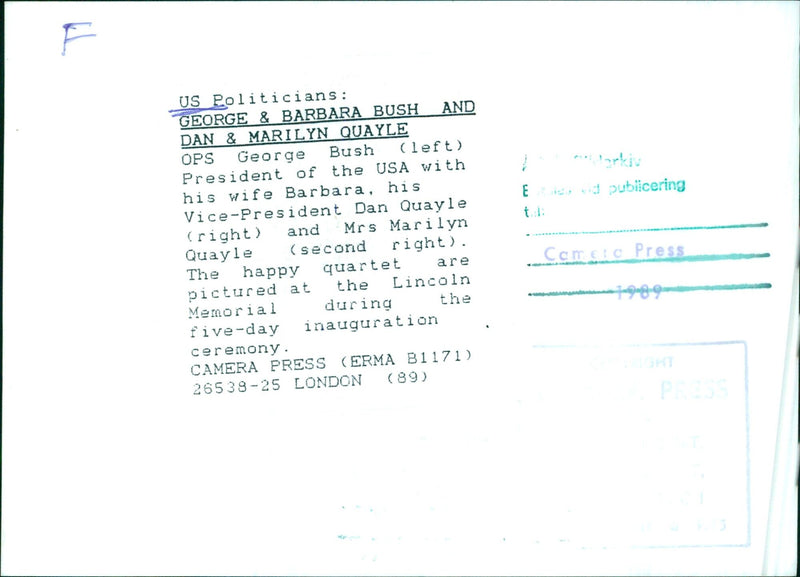 George Bush, his wife Barbara and Vice-President Dan Quayle and Mrs Marilyn Quayle celebrate at the Lincoln Memorial during the inauguration ceremony in 1989. - Vintage Photograph