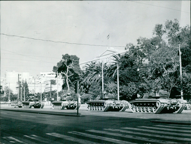 Greek Army tanks stationed in Athens during the Athens Polytechnic uprising in October 1973. - Vintage Photograph