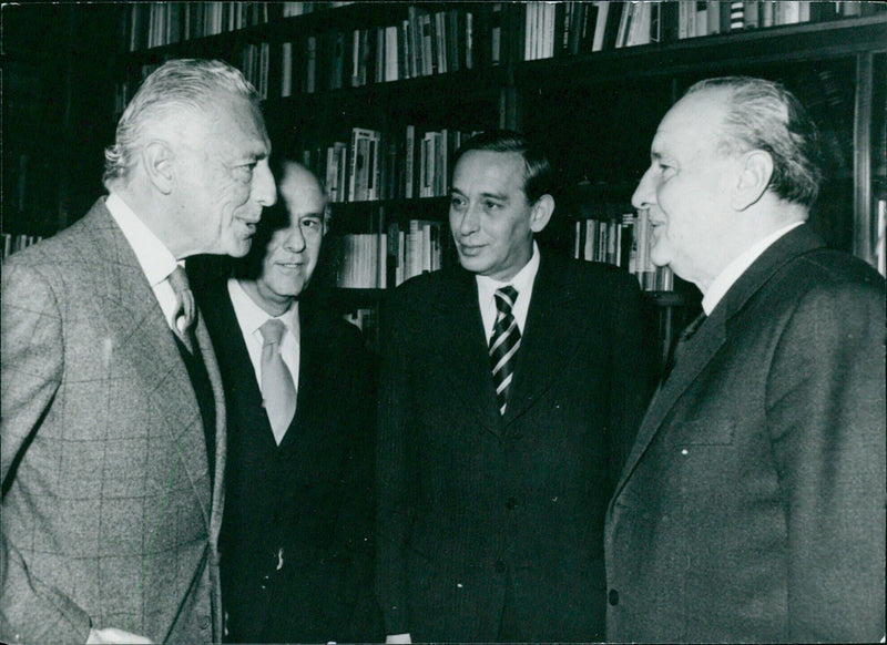 Hungarian leader Janos Kader and Italian car firm Fiat's CEO Giovanni Agnelli meet in Budapest to discuss Communism and Capitalism, 1977. - Vintage Photograph