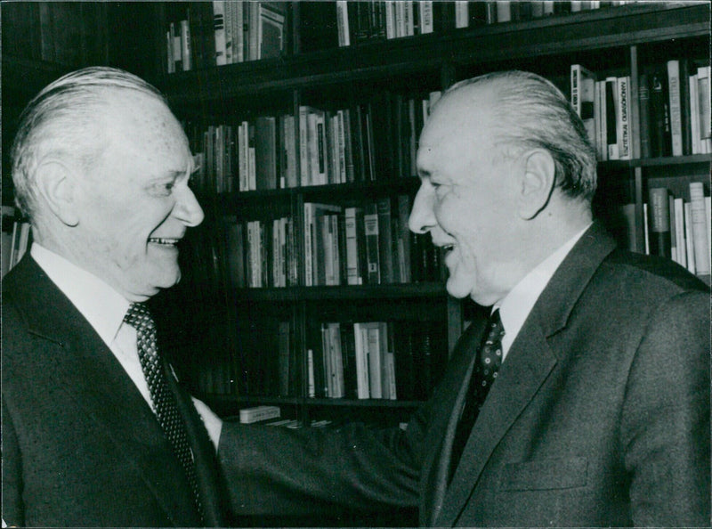 Hungarian Communist Party leader Janos Kadar greets Soviet Premier Nikolai Tikhonov during his official visit to Hungary in 1981. - Vintage Photograph