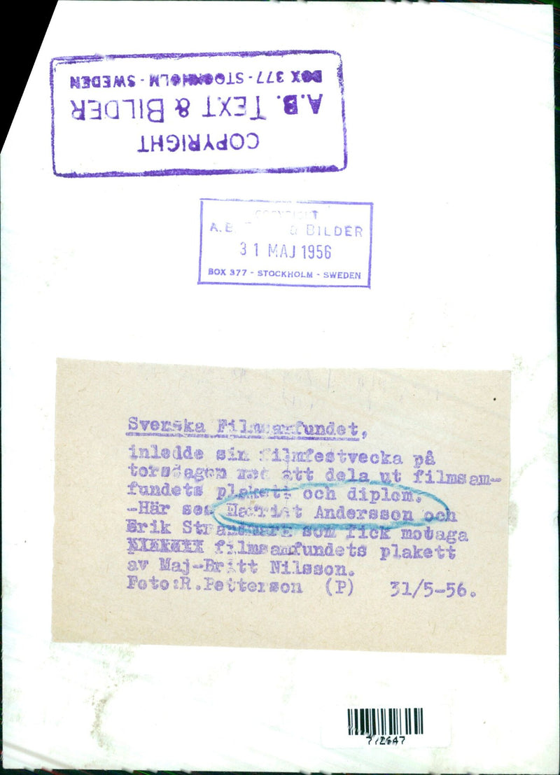 Maj-Britt Nilsson is presented with the Swedish Film Fund's award by Reciat Andersson and Erik Stragete at the opening of the Swedish Film Festival in Stockholm, Sweden, on May 1, 1956. - Vintage Photograph