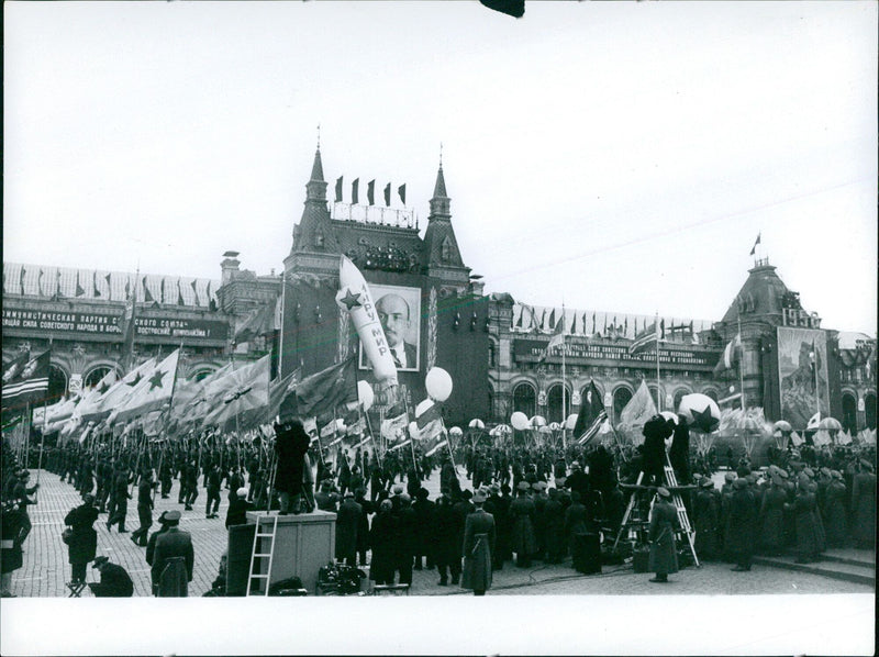 Members of the Communist Party of the Soviet Union demonstrating in Moscow in support of the construction of communism. - Vintage Photograph