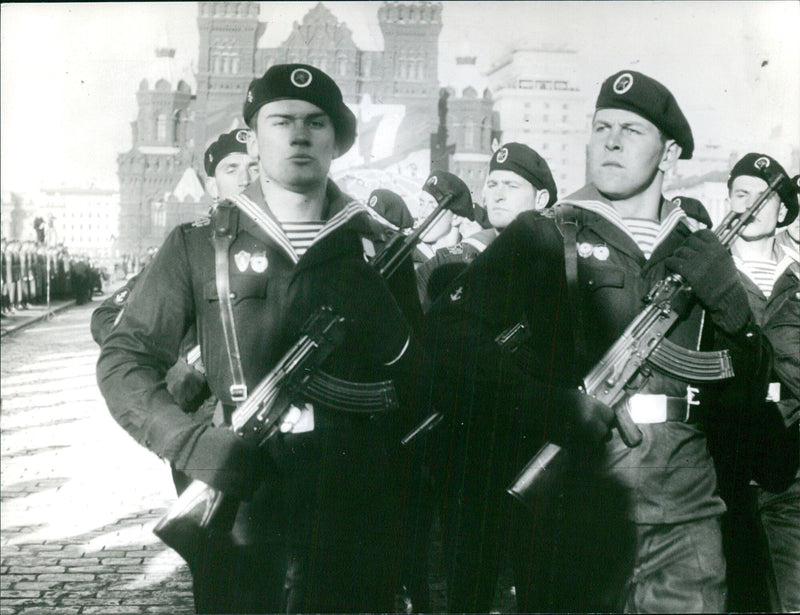 Russian troops march through the streets of Moscow in a black mourning procession on November 12, 1967. - Vintage Photograph