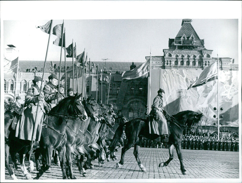 On November 7, 1967, 11 cavalry soldiers from the Russian Civil War era march in the military parade held on Red Square in Moscow to commemorate the 50th anniversary of the October Revolution. (Photo: APN) - Vintage Photograph