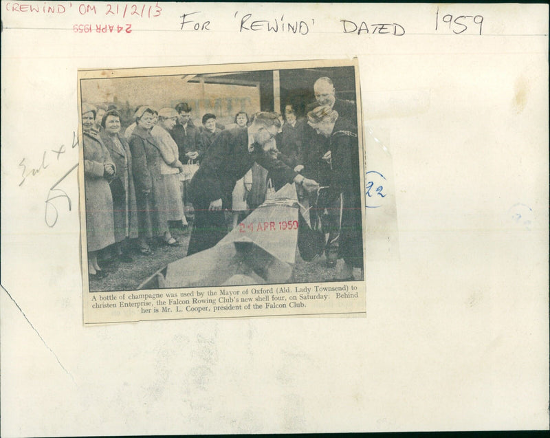 Ald. Lady Townsend christens a new rowing shell with a bottle of champagne. - Vintage Photograph