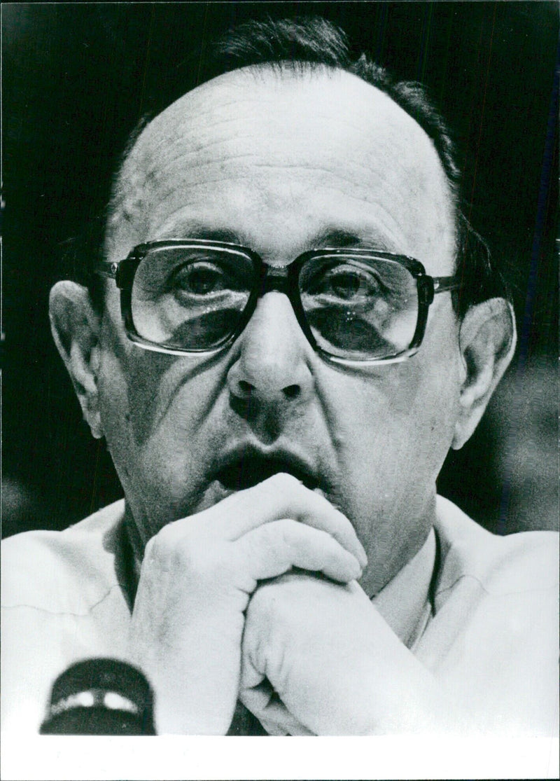 German politician Hans-Dietrich Genscher stands at a podium after being re-elected as the leader of the Free Democrats (FDP) and being appointed Vice-Chancellor and Foreign Minister in the Christian Democrat-FDP coalition. - Vintage Photograph