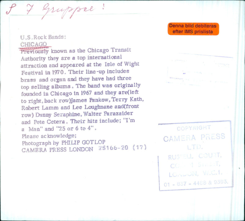 CHICAGO, the American rock band founded in 1967, perform at the Isle of Wight Festival in 1970. The lineup includes brass and organ players, and the band has had three top selling albums. - Vintage Photograph
