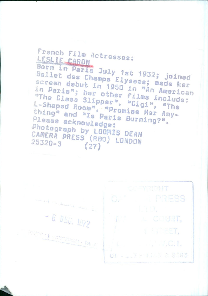 French film actress Leslie Caron poses in Stockholm, Sweden on December 6, 1972. - Vintage Photograph