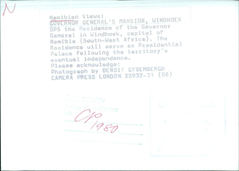 The Governor General's Mansion in Windhoek, Namibia, is seen in 1980, as the planned presidential palace ahead of the territory's independence. - Vintage Photograph