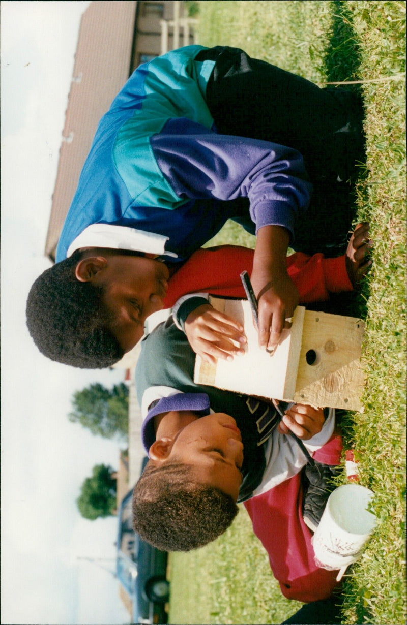 Two young boys adding finishing touches to a Budd Boxrj at Boley's Nature Fun Day. - Vintage Photograph