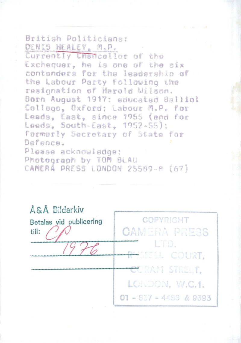 British politician Denis Healey, currently Chancellor of the Exchequer, is one of the contenders for the leadership of the Labour Party following the resignation of Harold Wilson. - Vintage Photograph