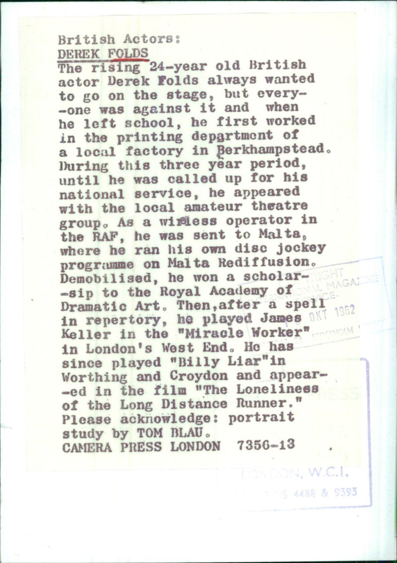 British actor Derek Folds is pictured in 1962 following his successful career in the RAF and the Royal Academy of Dramatic Art. Photo: Tom Blau/Camera Press/Stockholm. - Vintage Photograph