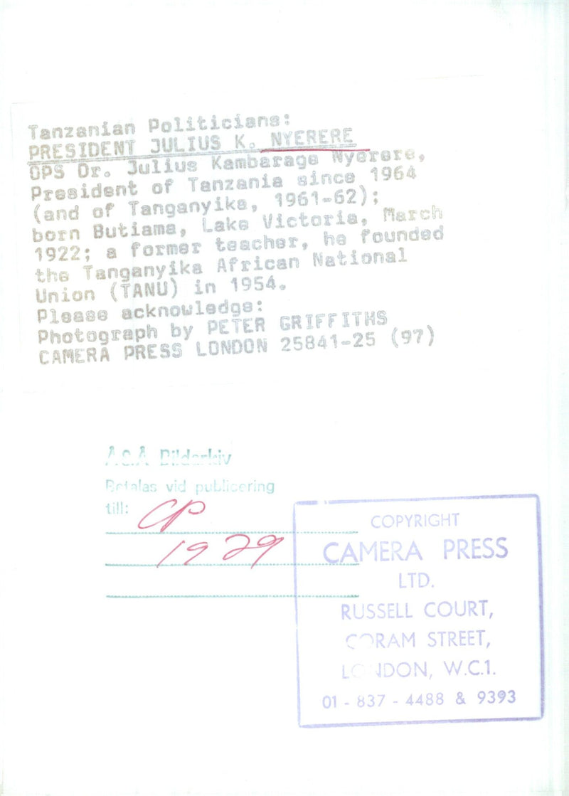 President Julius K. Nyerere of Tanzania is pictured on July 25th, 1929, in London. - Vintage Photograph