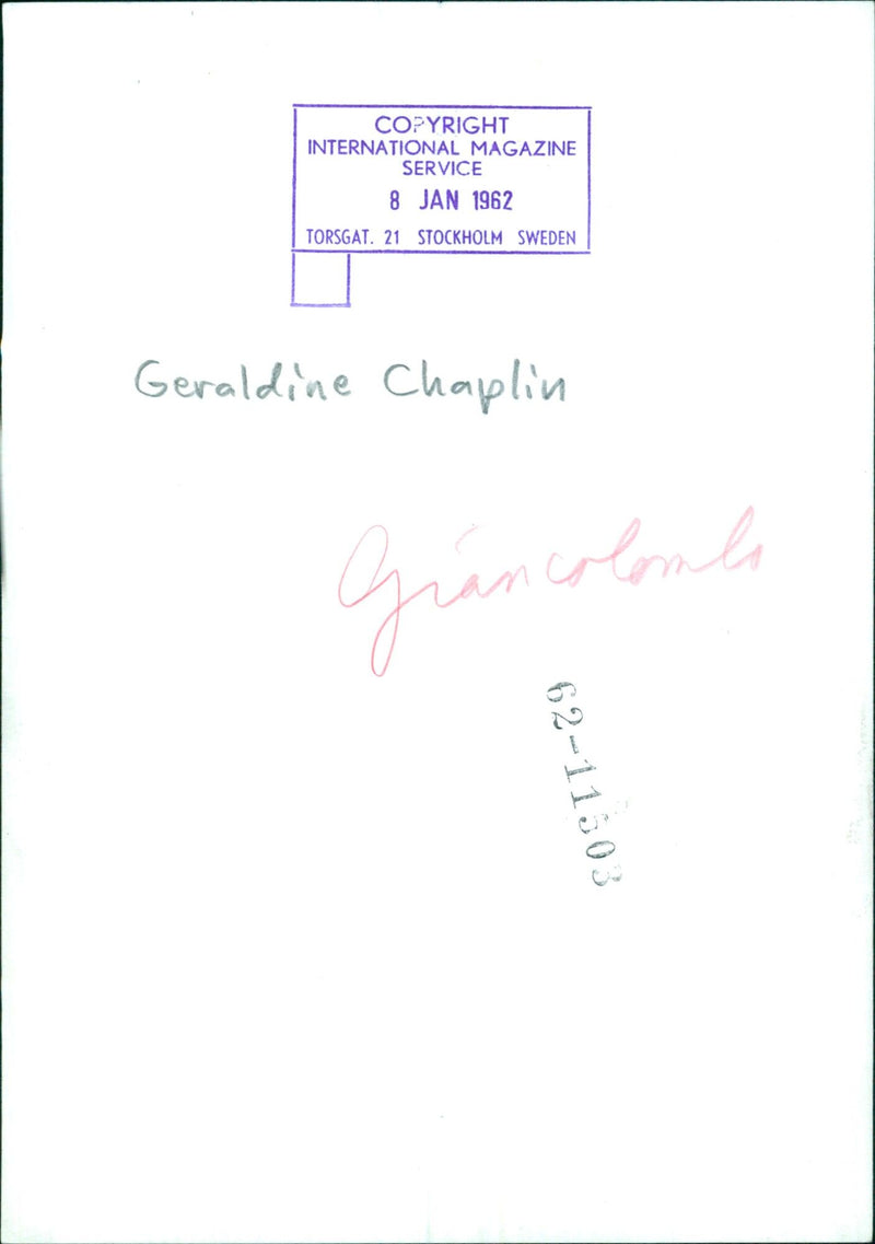 Actress Geraldine Chaplin poses in a colonial-style dress at the Torsgård located in Stockholm, Sweden on January 8th, 1962. - Vintage Photograph