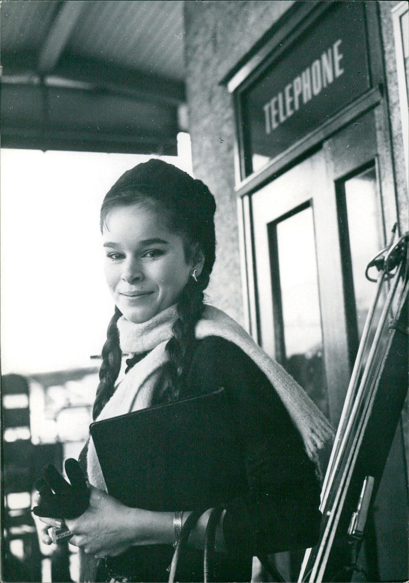 Actress Geraldine Chaplin poses in a colonial-style dress at the Torsgård located in Stockholm, Sweden on January 8th, 1962. - Vintage Photograph