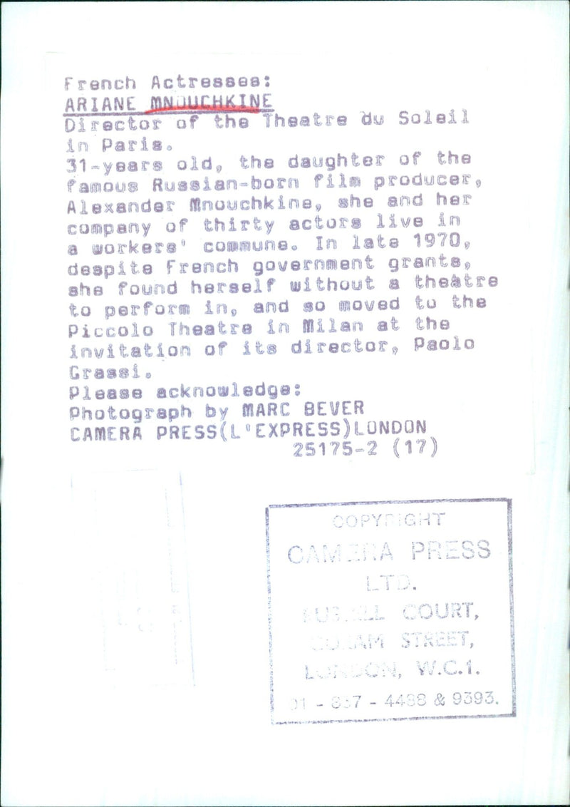 Ariane Mnouchkine, the 31-year-old daughter of renowned film producer Alexander Mnouchkine, poses during a photoshoot at the Piccolo Theatre in Milan, Italy. - Vintage Photograph