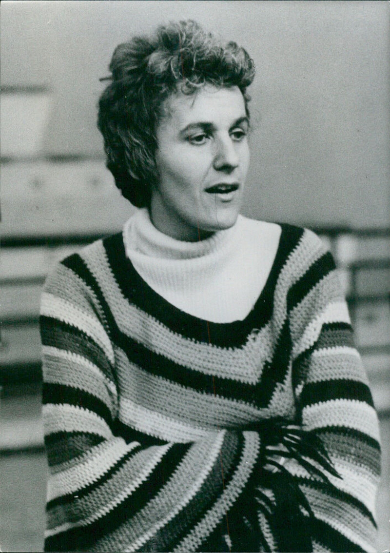 Ariane Mnouchkine, the 31-year-old daughter of renowned film producer Alexander Mnouchkine, poses during a photoshoot at the Piccolo Theatre in Milan, Italy. - Vintage Photograph